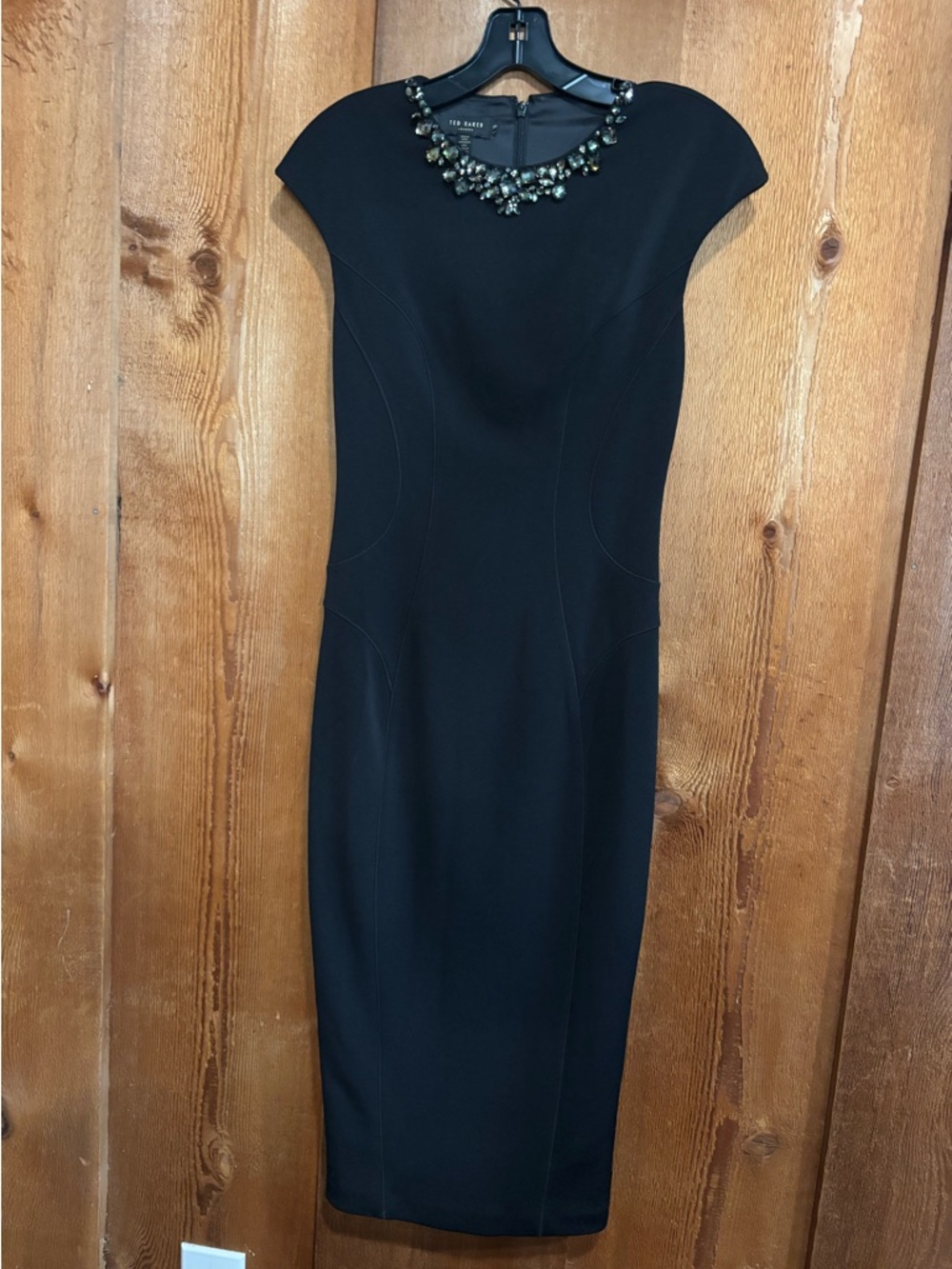 Ted Baker Black Embellished Neckline Sheath Dress Size 2 US 6 Cap Sleeve LBD - Picture 1 of 9